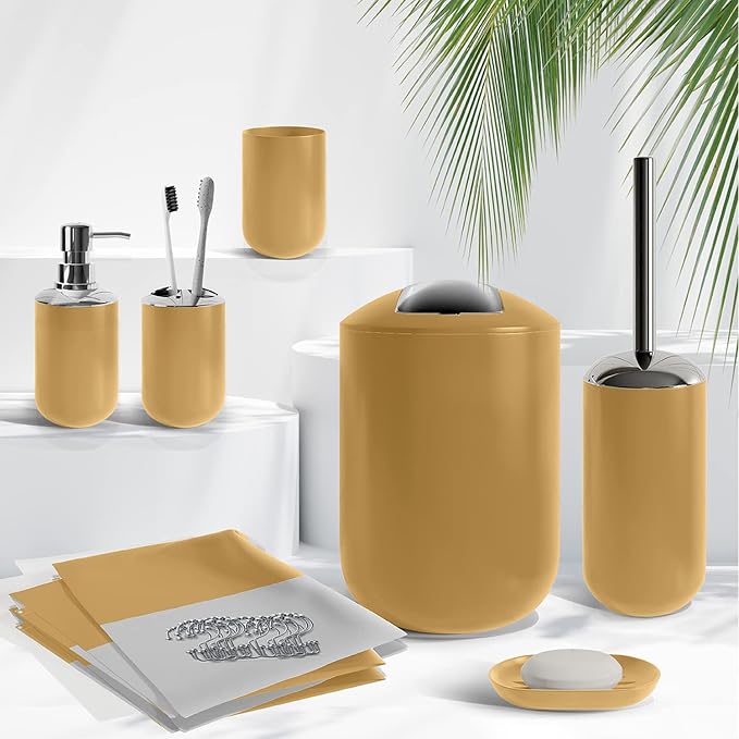 Clara Clark Bathroom Set - Gold Bathroom Accessories Set, 20PC Bathroom Accessory Set, Shower Curtain Set with Liner, Toothbrush Holder, Soap Dispenser, Soap Dish, Toilet Brush Holder, and Trash Can