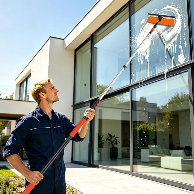 26FT Telescoping Window Squeegee Kit | 2-in-1 Professional Window Washer & Microfiber Scrubber with Extension Pole | High Reach Cleaning Tool for Outdoor, Indoor Windows & Glass