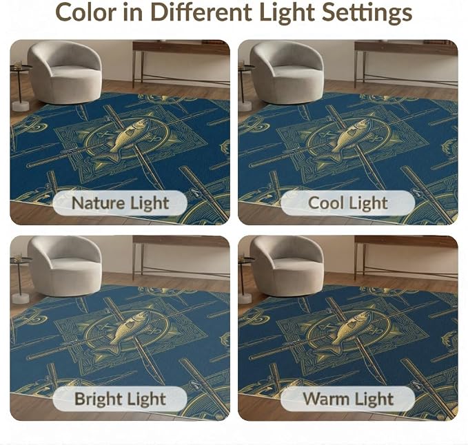 3'x5' Washable Area Rug Bass Nautical Wildlife Icons Lure Tackle Motif Border Fish Fishing Refined Non-Slip Chair-Friendly for Home Office, Hallway, Laundry Room