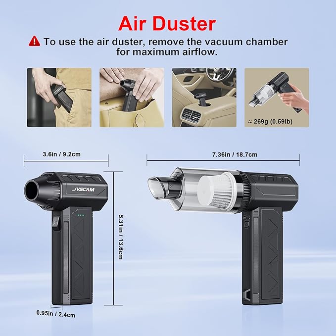JVSCAM Compressed Air Duster,150000RPM Electric Air Duster, Vacuum Cleaner & Bag Vacuum 3-in-1, Rechargeable with 3-Gear Adjustable Wind Speed for Keyboard,Computer,Car,Home and Storage Bag Sealing