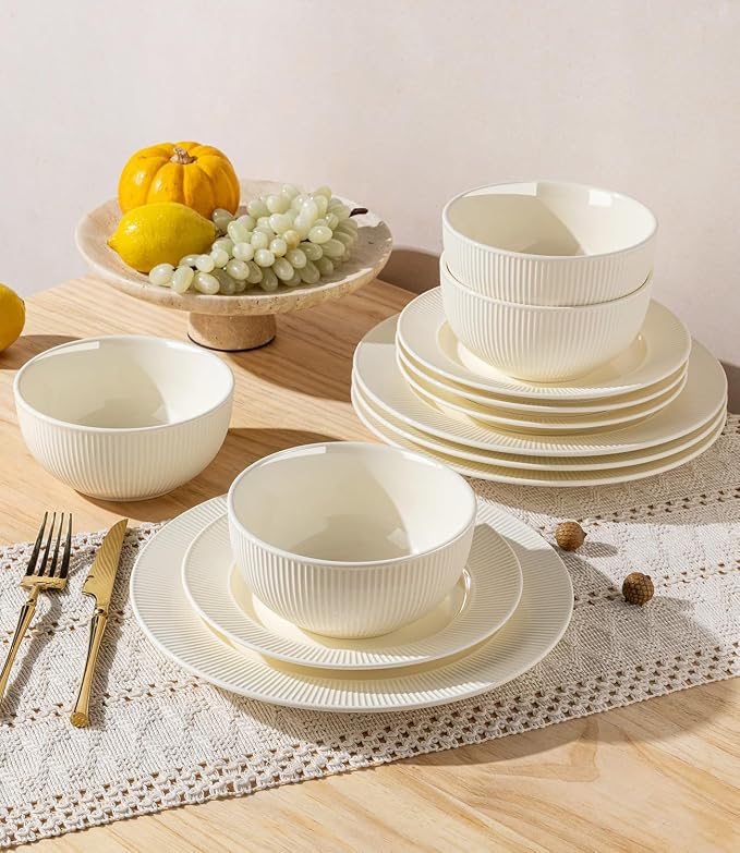TheTerra Ceramic Dinnerware Sets for 6, 18 Pieces Porcelain Lightweight Plates and Bowls Sets, Scratch Resistant Dish Set, Oven, Microwave & Dishwasher Safe, Ivory