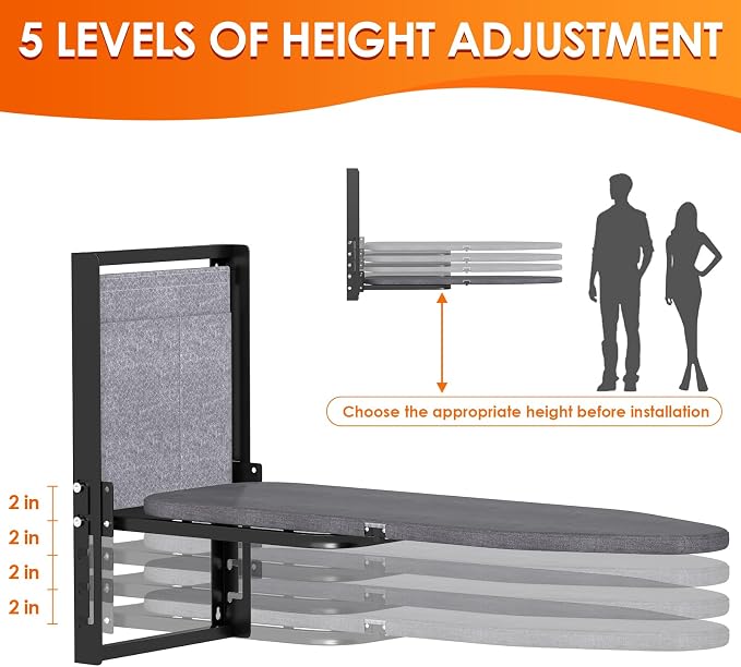 tonchean Compact Ironing Board Wall Mounted Height Adjustable 36x13 Inch | Foldable Iron Board Hanger Ironing Holder with Heat Resistant Cover & Silicone Iron Rest for Small Spaces, Home Laundry Room
