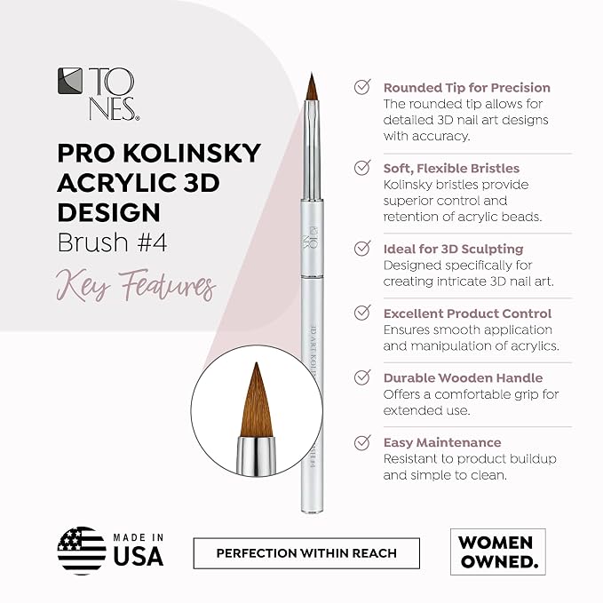 TONES Kolinsky Acrylic Nail Art Brush #4 – Pure Sable Hair, Crimped Silver Handle | Pro-Level Carving Tool with Ultra-Fine Precision Tip