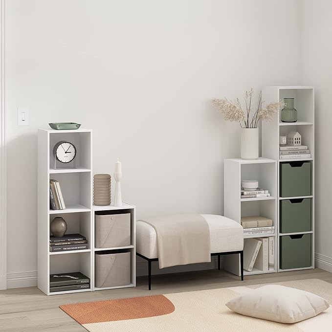Furinno PASIR Book Shelf, 4-Tier Modern Bookshelf, Open Shelves Bookcase 9 x 12 x 42, Easy Assembly, for Living Room, Bedroom, Home Office, White