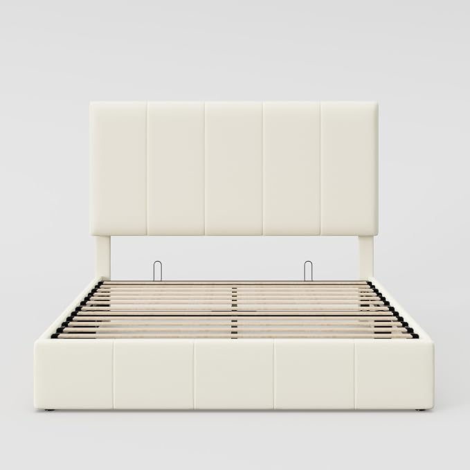 Allewie Full Size Velvet Lift Up Hydrualic Storage Bed Frame, Cream | Vertical Channel Tufted Headboard, Hydrualic Underneath Storage, Upholstered Platform Bed, No Box Spring Needed