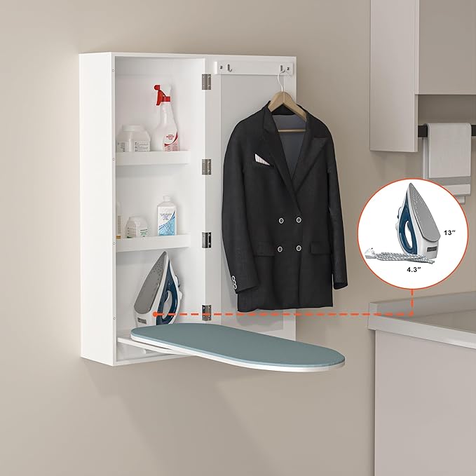 180° Swivel Wall Mount Ironing Board Cabinet with Storage,White | Mirrored Door|3-Tier Storage Shelves|15 Minutes to Installs|2 Clothes Hooks|Space-Saving