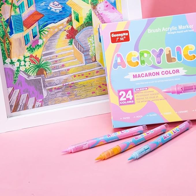 Guangna Water-Based Acrylic Markers Set, 24 Colors acrylic paint markers, Soft Tip Markers, Perfect for Paper, Wood, Rock, Glass, and More, Includes Macaron and Skin Tone