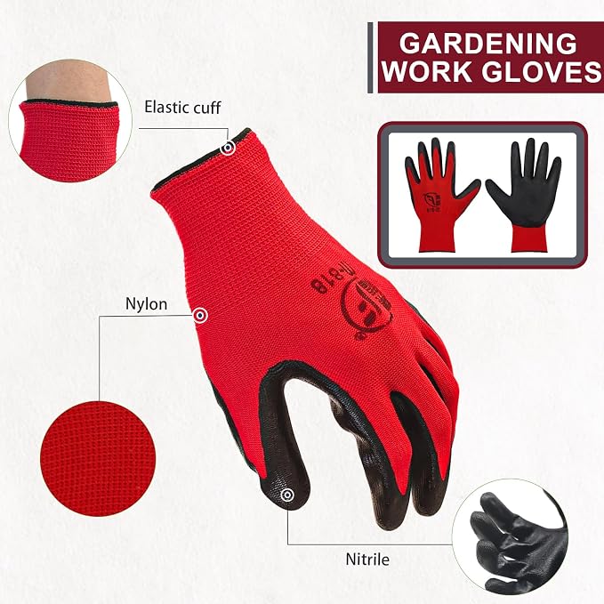 WHEATHUSK 120 Pairs Gardening Work Gloves Bulk for Men Women, Breathable Nitrile Rubber Coated Garden Gloves Dipped Gripping Outdoor Working Gloves for Construction, Gardening, 9.1 Inch