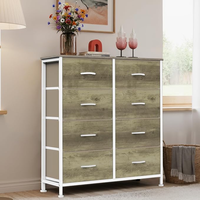 Sweetcrispy 8 Drawer Dresser for Bedroom, Large Fabric Storage Tower | Organizer Chest of Drawers with Metal Frame and Wooden Top for Nursery Closet Living Room Entryway, Oak Finish