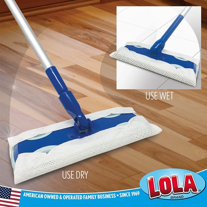 LOLA Wet & Dry Floor Mop Starter Kit Includes 1 Mop, 7 Dry Cloths, 3 Wet Cloths, Snap-in Handle Assembles to 48" Major Brand Comparable