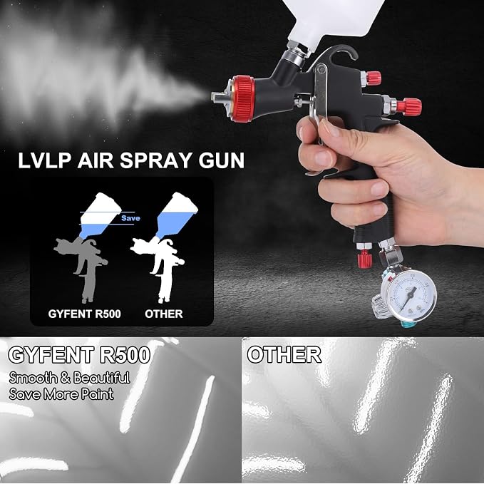 R500 Lvlp Air Spray Gun Kit, 4 Nozzles, 600Ml Cup | Nickel-Plated Body, Adjustable Spray Pattern, 1.5-3 Bar, Pressure Gauge, For Auto, Furniture And Home Painting