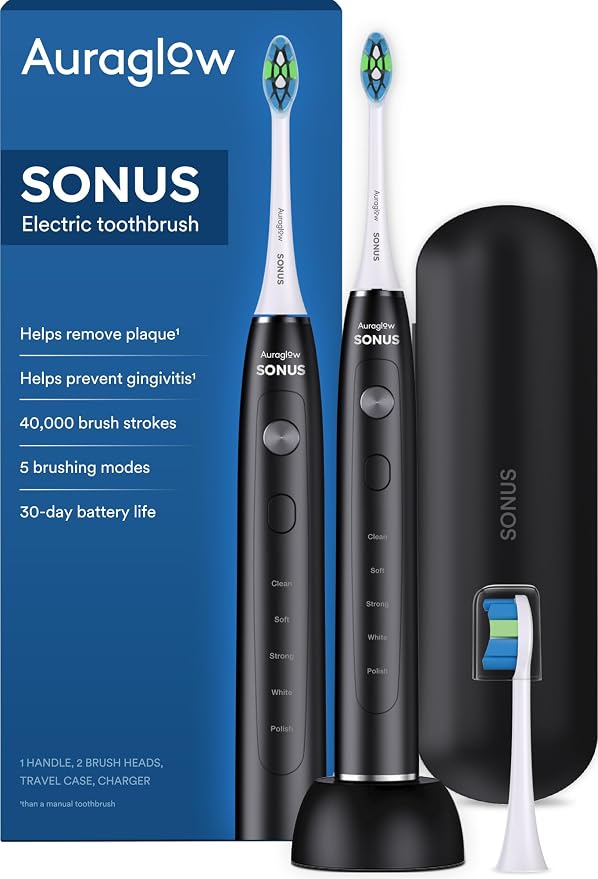 AURAGLOW Sonic Electric Toothbrush for Adults – Rechargeable, 40,000 VPM, 5 Modes, Removes 10x More Plaque, IPX7 Waterproof, Wireless Charging, 30-Day Battery, 2 Brush Heads & Travel Case