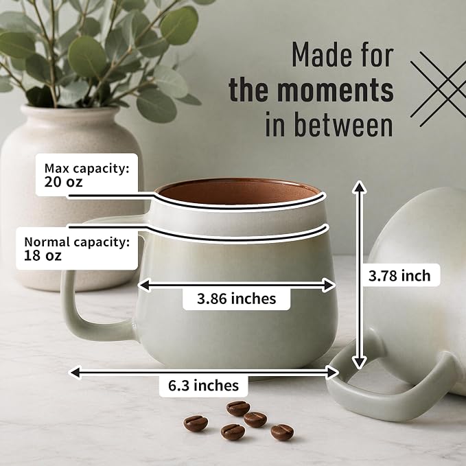 Ava Nord Large Stoneware Ceramic Coffee Mugs Set of 2 | 20 oz | Sage Ash | Lead-Free, Non-Toxic, Freezer - Microwave & Dishwasher Safe, Comfortable Handle, Aesthetic Nordic Design for Tea, Cocoa