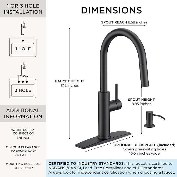 FORIOUS Kitchen Faucet with Soap Dispenser, Modern Matte Black, Single Handle High Arc Stainless Steel Kitchen Sink Faucet with Pull Down Sprayer, 1 or 3 Hole Deck Mount for RV, Laundry, Outdoor