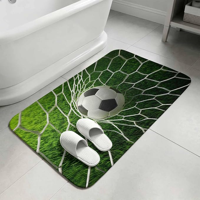 Soccer Washable Area Rugs for Living Room Bedroom, Large Non Slip Indoor Floor Carpet Absorbent Low Pile Goal Net Competitive Green Grass Athletic Door Mat Rugs for Bathroom Entryway 47.2"x63"
