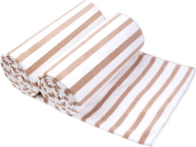 JML Beach Towels Set of 2, 30" x 60", Cabana Stripe Coffee | Hanging Loop, Soft, Absorbent, Quick Dry Bath Towel for Summer Swimming Pool Party, Yoga, Camping
