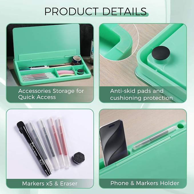 TOWON Small Compact Glass Desktop Whiteboard with Storage – 12 x 7 in Dry Erase Board for Desk, Home Office, School | Includes 5 Markers, Eraser & Holder | Space-Saving Organizer, Aesthetic Mint Green