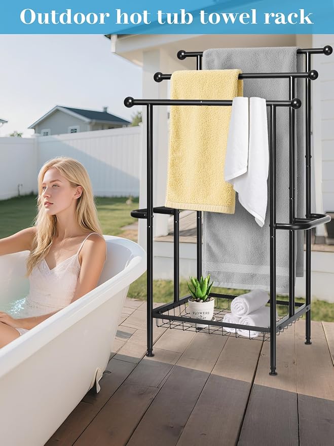 Freestanding Towel Rack for Bathroom, Pool & Outdoor, 3-Tier 39" Metal | Rust-resistant metal towel drying rack with storage basket, designed for oversized towels 24.4" L x 13" W x 39" H