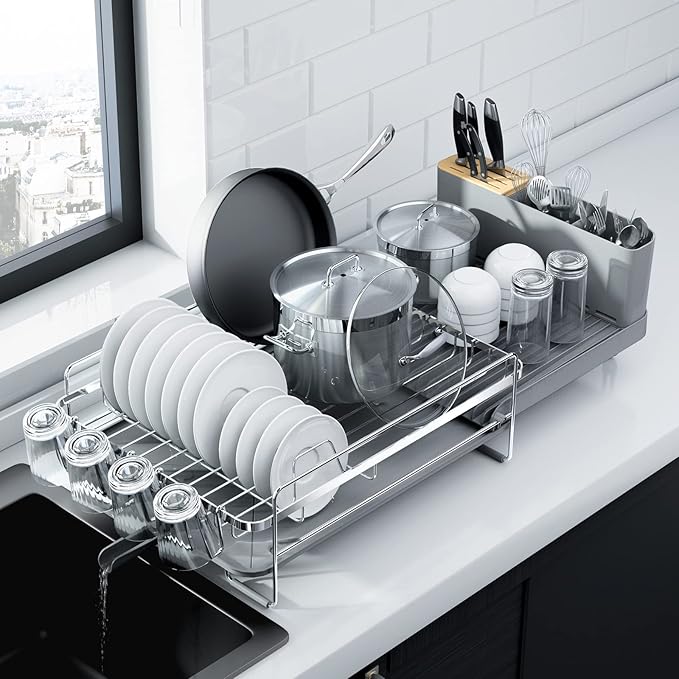 Kitsure Large Dish Drying Rack - Extendable Dish Rack, Multifunctional Dish Rack for Kitchen Counter, Anti-Rust Dish Drainers with Cutlery & Cup Holders 19.2"-26.7" L x 12.9" W, Sliver