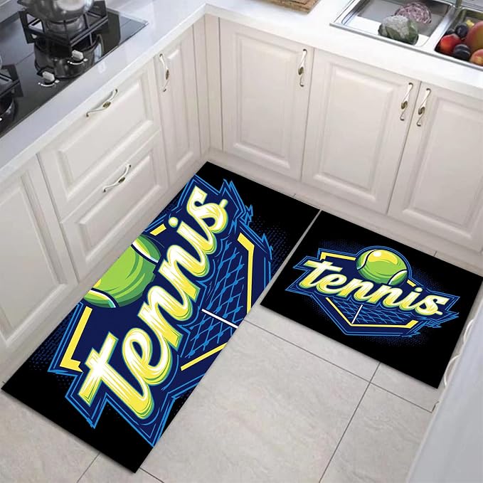 Tennis Net Tennis Ball Kitchen Rugs Non Slip Blue Kitchen Mats Machine Washable Rugs 2 Pieces Minimalist Sports Design Runner Carpet, 20"x32"+20"x71"