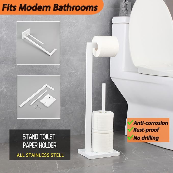 GERZWY SUS 304 Stainless Steel Toilet Paper Stand with Reserve, Free Standing Toilet Paper Holder, White