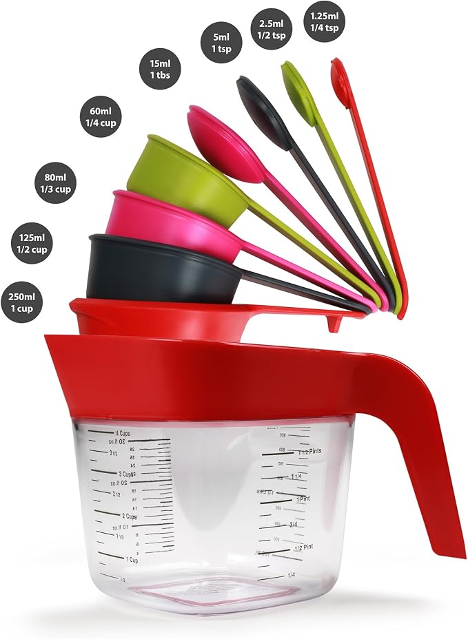 Zeal Stack and Store Measuring Jug Set with Cups and Spoons, Red