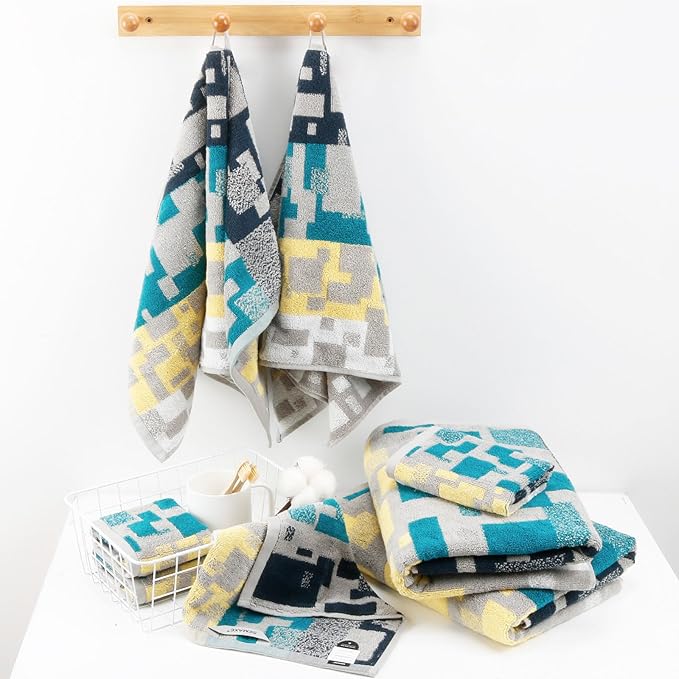 SEMAXE Bath Towel Set, 8 Piece Towel Set for Bathroom, Quick Dry Cotton Towels with Hanging Loops, Easy Care, Geometric Pattern