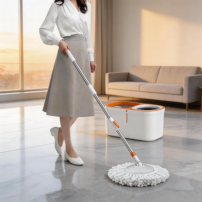 61" Spin Mop and Bucket Set,Wringer System for Cleaning,with 5 Refill Heads | Hands-Free Wringing with1 Brush,Stainless Steel Handle,Suitable for Tile Hardwood Laminate Floors,Easy Dirt Removal