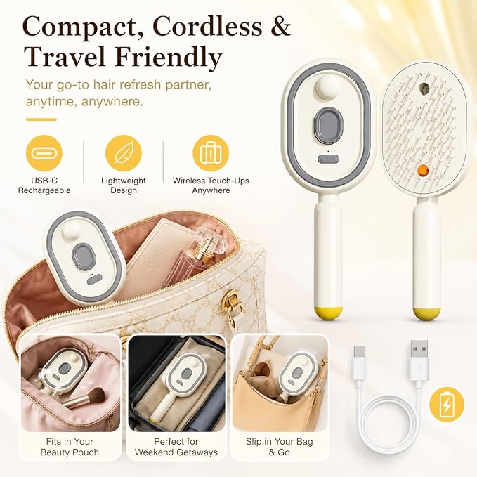 Electric Steam Brush for Hair, Electric Spray Air Cushion Comb for Women, Rechargeable Water Spray Hair Brush, Detangling & Anti-Static Hair Brush, Reduce Frizz, Smooth & Nourish