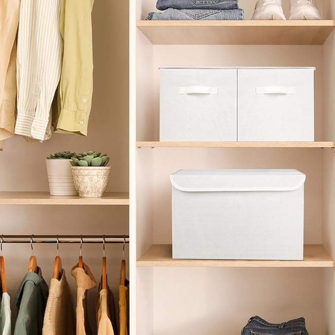 Bagnizer Large 42 Quarts Fabric Storage Bins with Lids [2-Pack] Linen Collapsible Foldable Storage Cubes, Closet Organizer Containers boxes with Handles for Home Office (16.7 x 12 x 12, White)
