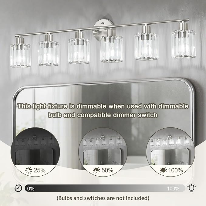 Crystal Bathroom Light Fixtures,Bathroom Lighting Fixtures Over Mirror, Modern 6-Light Brushed Nickel Vanity Lights for Mirror, Restroom,Kitchen(Ceramic E26 Socket,Bulbs Not Include)
