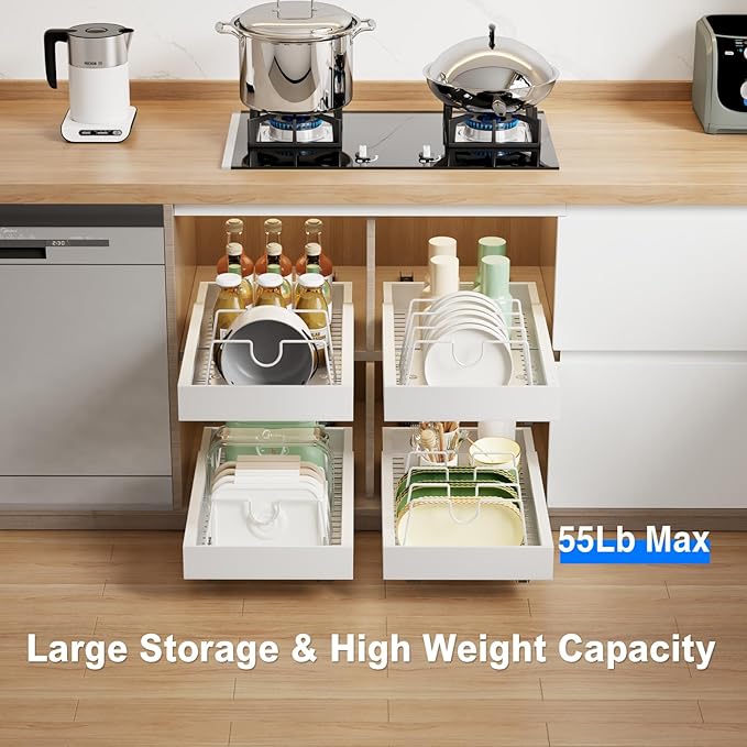 Mustorn 2 Pack Pull Out Cabinet Organizer with 8 Dividers,21.8" Deep Slide Out Drawers for Cabinets Adhesive Pull Out Drawers Heavy Duty Pull Out Shelves for Kitchen, Cupboard, Pantry, Bathroom-White