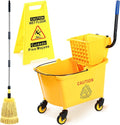 Maxdot 35 Quart Commercial Mop Bucket with Side Press Wringer on Wheels Yellow Industrial Mop and Bucket Set with Caution Sign for Floor Cleaning