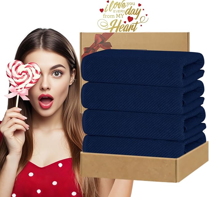 VOOVA & MOVAS Bath Towels 4PC, 100% Cotton, 30x56 in, Navy Blue | Quick Dry, Thick, Soft, Absorbent, Luxury Shower Towel Set For Bathroom, Towel Gift Set