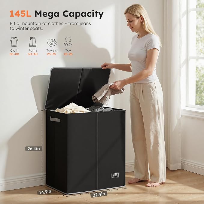 SOLEDI Double Laundry Hamper with Lid and Removable Laundry Bags,Divided Laundry Bin - Large Clothes Hamper 2 Section - Collapsible Laundry Baskets for Bedroom, Bathroom, Laundry Room,Black