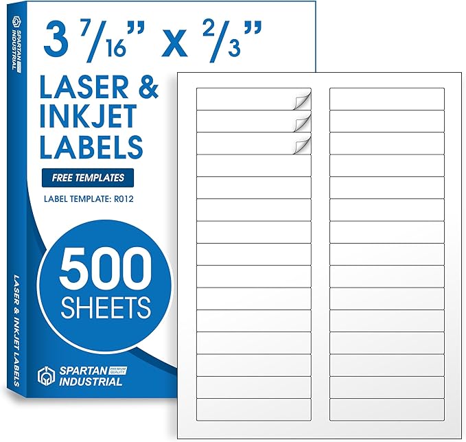 3 7/16" X 2/3" Matte White Printable Labels (500 Sheets, 15000 Stickers) File Folder, Address, Mailing Labels for Laser & Inkjet Printers - Spartan Industrial Template R012