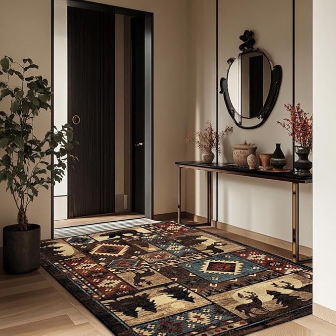 Empire Bear Cabin Area Rug for Entrance Kitchen Vintage Bohemian Tribal Rugs Non-Slip Rustic Lodge Moose Deer Floor Mats 3'x5'