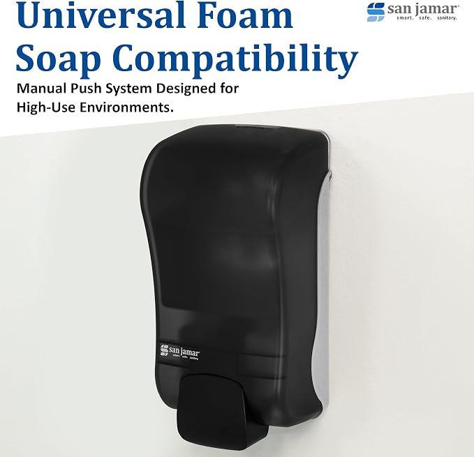 San Jamar Manual Soap Dispenser – 1300 mL Capacity Liquid Dispenser for Bulk Foaming Soaps, Wall Mount, Refillable with Transparent Reservoir Easy Push Bar for Commercial or Office Use, Black Pearl