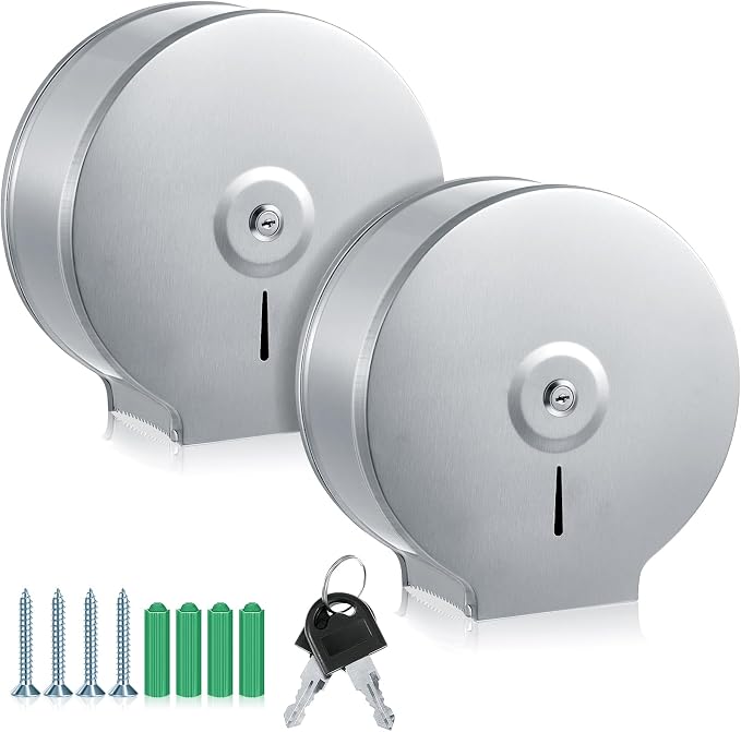 Mifoci 2 Pcs Industrial Toilet Paper Holder Commercial Roll Dispenser Wall Mount Stainless Steel Jumbo Tissue Dispenser Fits 9" Roll Toilet Paper for Office Home Public Places (Silver)