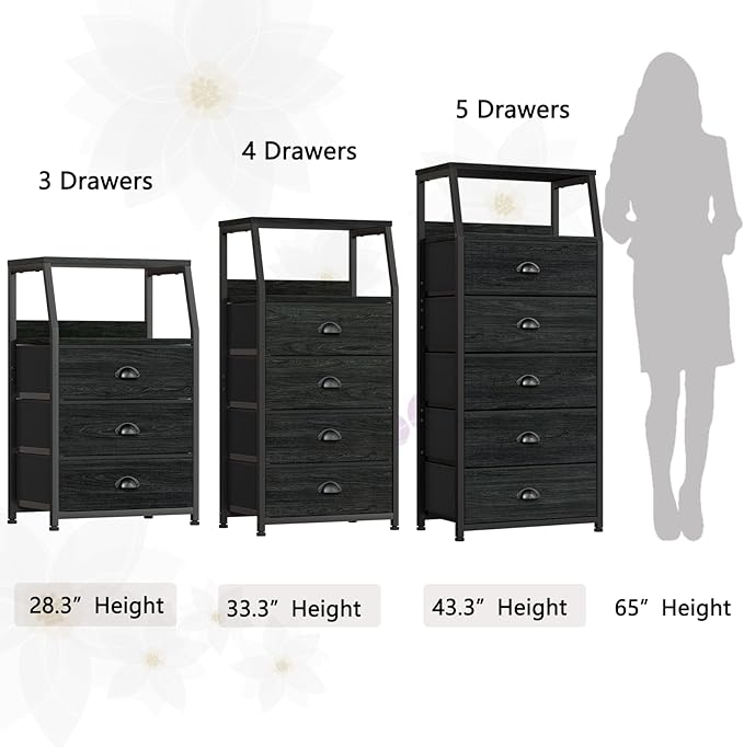 Furnulem Black Dresser with 5 Drawers, Vertical Storage Tower Fabric Dresser for Bedroom, Hallway, Entryway, Nursery, Closet Organizer, Nightstand Bedside Table Furniture, Sturdy Steel Frame, Wood Top