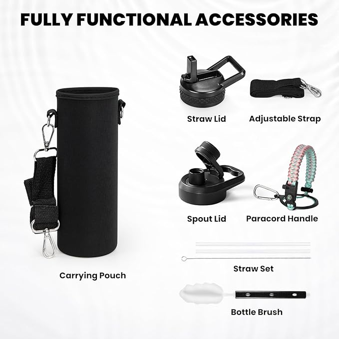 RAYMYLO Insulated Water Bottle 24 oz, Triple Wall Vacuum Stainless Steel (Cold for 24Hrs, Hot for 12Hrs), Leak Proof & Non-BPA, Modern Water Flask Jug with Paracord Handle & Straw Spout Lids