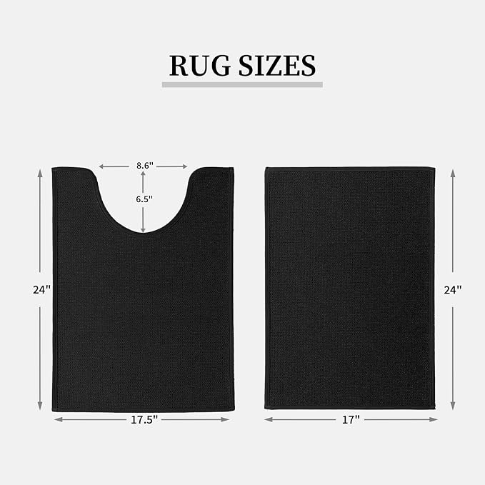 YIHOUSE Black Bathroom Rugs Sets 2 Piece, Quick Dry Thin Bath Mat with Toilet Rug, Non Slip Absorbent Machine Washable, Bath Rugs for Tub Sink Home Decor (17"x24" + 17.5"x24" U-Shaped)
