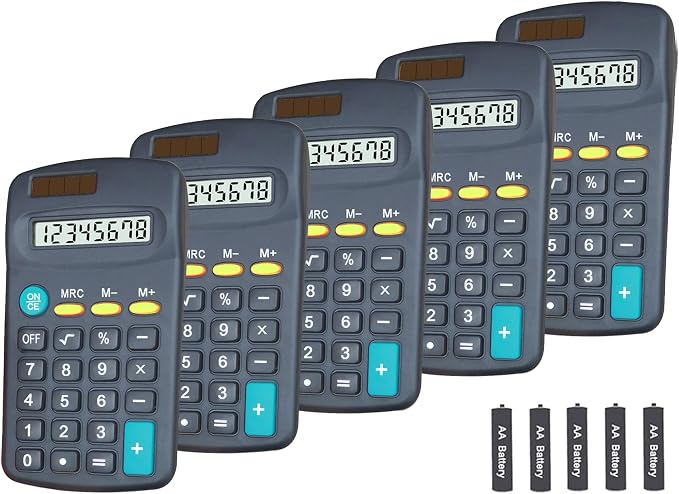 Basic Calculators for Students, Basic Calculator with Dual Power 8 Digit Small Pocket Size Handheld for Classroom Desktop Home (Black,Set of 5) | 8 Digit Dual Power Portable Pocket Size Desktop Handheld for Classroom Desktop Home
