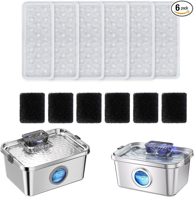 PETIMI Accessories Set (Replacement Filter & Water Pump Sponge) for Pet Water Fountain- 6 pcs Packed Filters and 6 pcs Packed Sponges, Fits PETIMI 2 Gallons and 3 Gallons Pet Fountain Series
