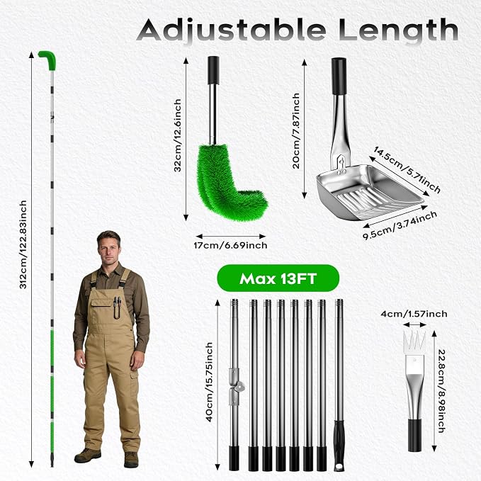 13ft Gutter Cleaning Tools From the Ground, No Ladder Needed, 3-in-1 Gutter Cleaner Pole with Replaceable Brush Rake Scoop, 180° Adjustable Angle for Leaves & Debris Cleaning with Grip Tapes, Green