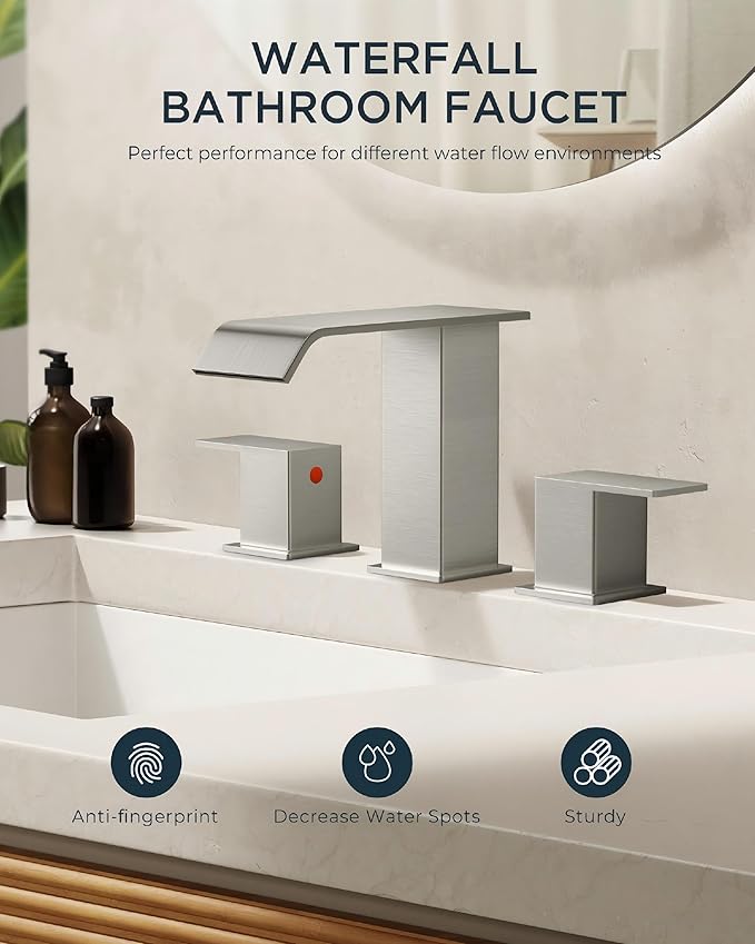 FORIOUS Widespread Bathroom Sink Faucet 3 Hole Brushed Nickel, 2 Handles Waterfall Bathroom Faucet with Metal Pop-up Drain and 24" Hot and Cold Water Hoses, Suitable for Vanity RV Restroom