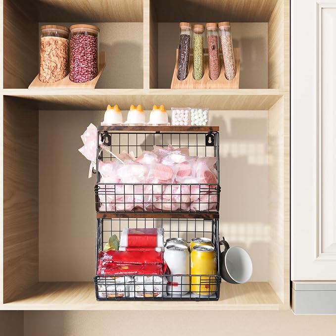 Mefirt 2pcs Fruit Basket Kitchen Storage Basket with Wood Lid, Stackable Wall Basket Fruit Basket for Kitchen, Countertop Organizer for Snack, Fruit and Veggie Storage, 11.8 x 7.9 x 8.5 Inch