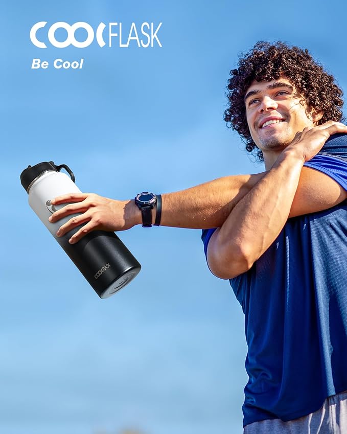 Coolflask Water Bottle 32 oz Insulated with Straw, Stainless Steel Metal 3 Lids Water Flask Wide Mouth for Sports or Office, Non-BPA Keep Cold Up to 48 Hrs or Hot Up to 24 Hrs, White & Black