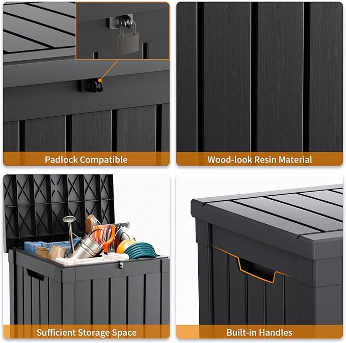 DRATO 51 Gallon Outdoor Storage Box Waterproof, Lockable Resin Deck Box for Patio Furniture, Pool Supplies & Garden Tools, Weatherproof Outside Storage Bin for Backyard Porch (Black, 51 Gallon)