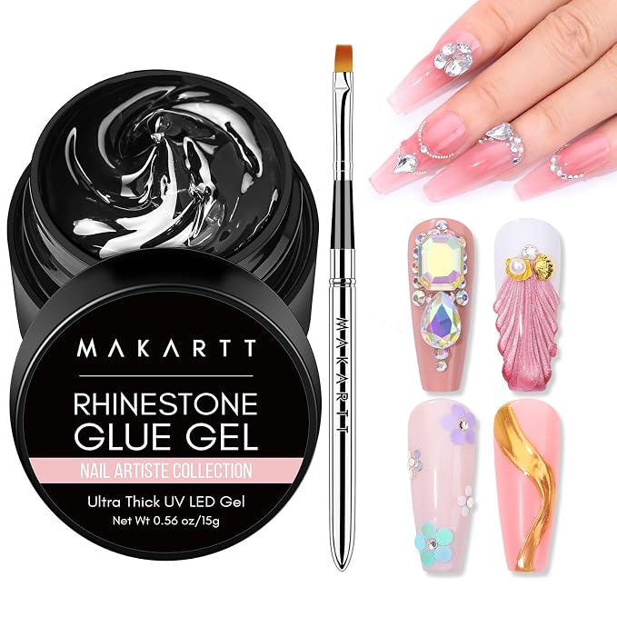 Makartt Nail Rhinestone Glue with Brush Kit High Viscosity Nail Charms Gel | 30-Day Strong Hold Extra Thick Support Gel 15ML for Gem, 5mm+ Crystals, Stones, 3D Nail Decor, UV/LED Cured, DIY Salon Use